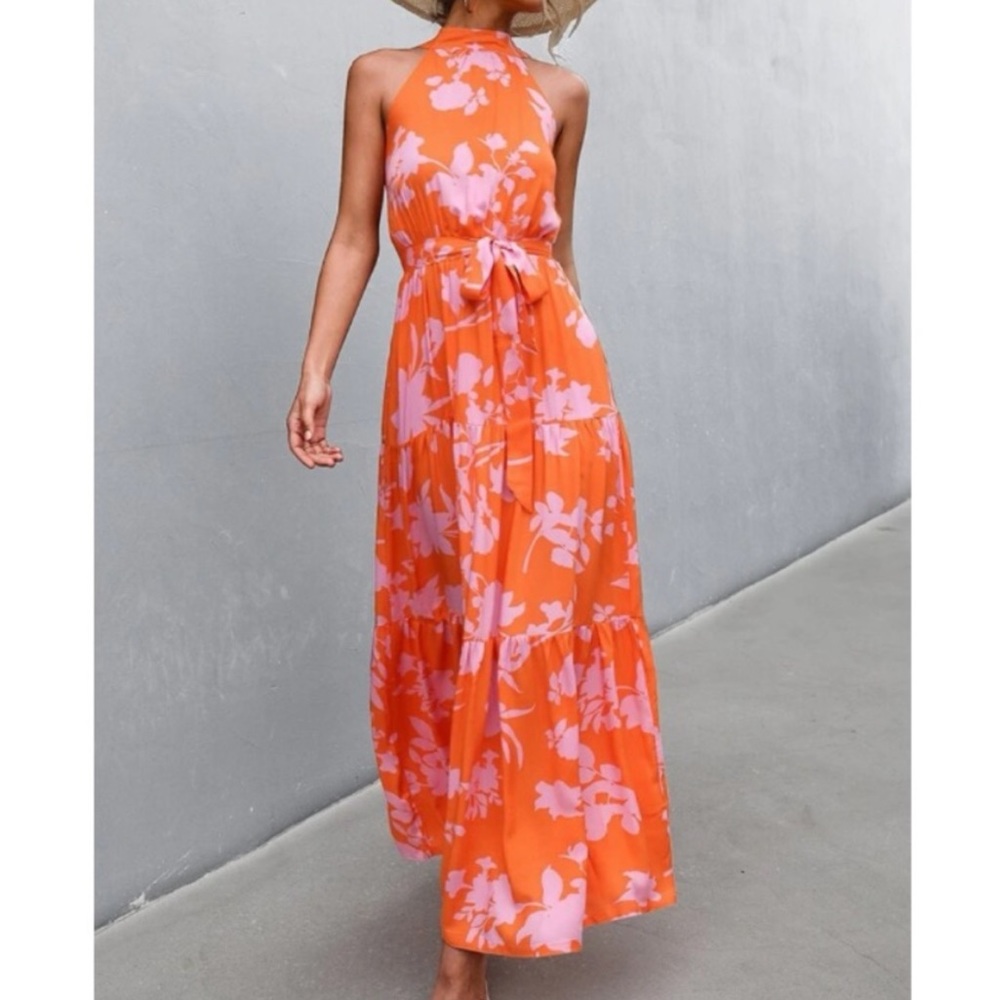 Boho pink  floral print belted halter maxi dress - Picture 11 of 14